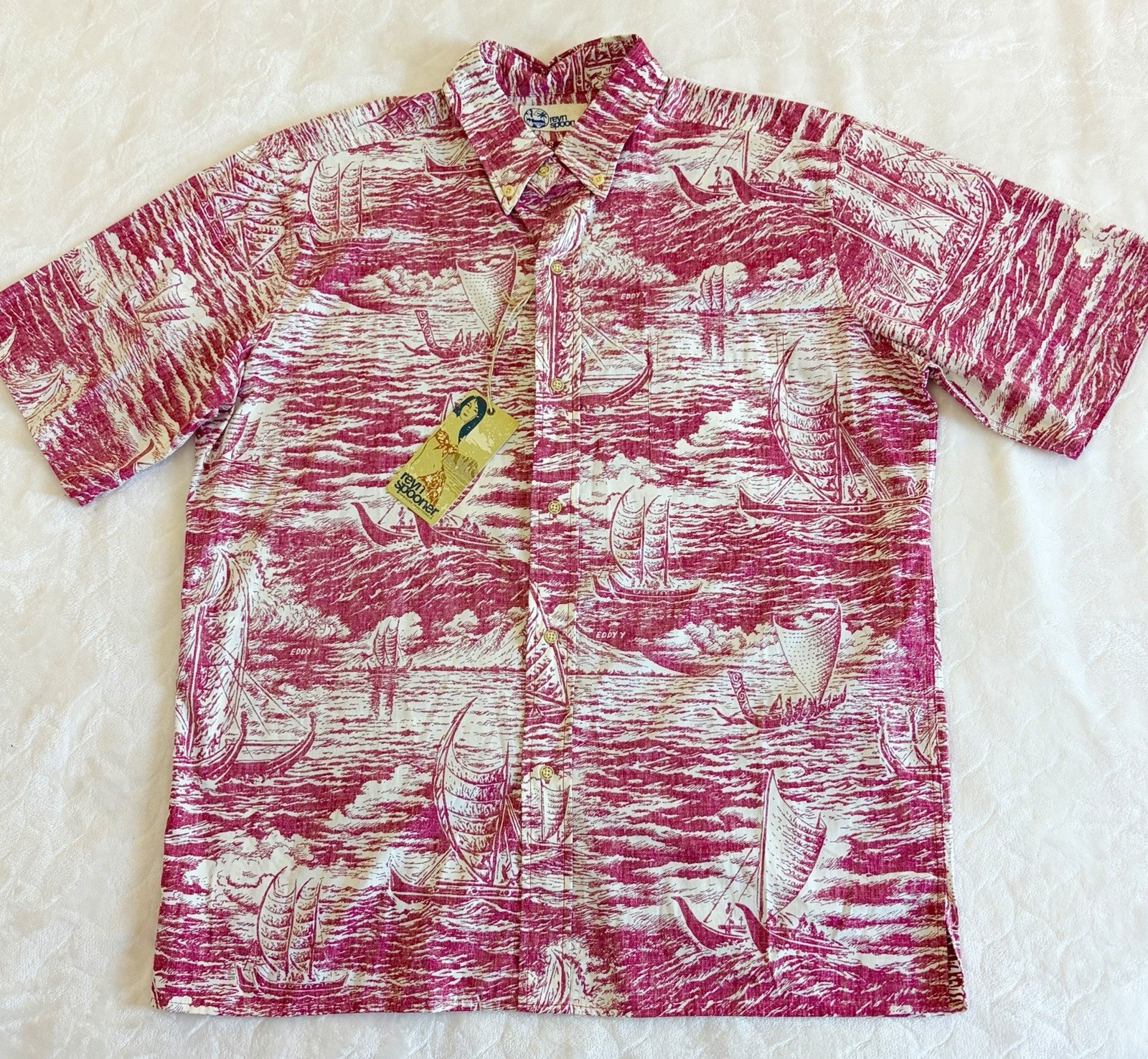 Nwt Reyn Spooner Size L Ino Kai Outrigger Sailing Canoe Dark Pink Hawaiian Shirt